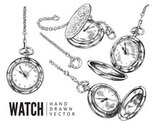 Pocket Watches Collection Vintage Hand Drawn Vector Illustration Isolated.