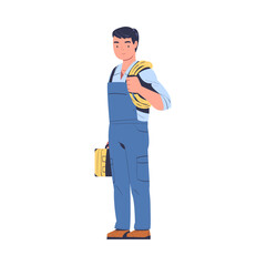 Wall Mural - Electrician in Blue Uniform Standing with Rolled Wire and Toolbox for Working and Fixing Vector Illustration