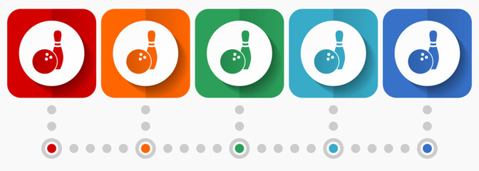 Poster - Bowling vector icons, infographic template, set of flat design sport symbols in 5 color options