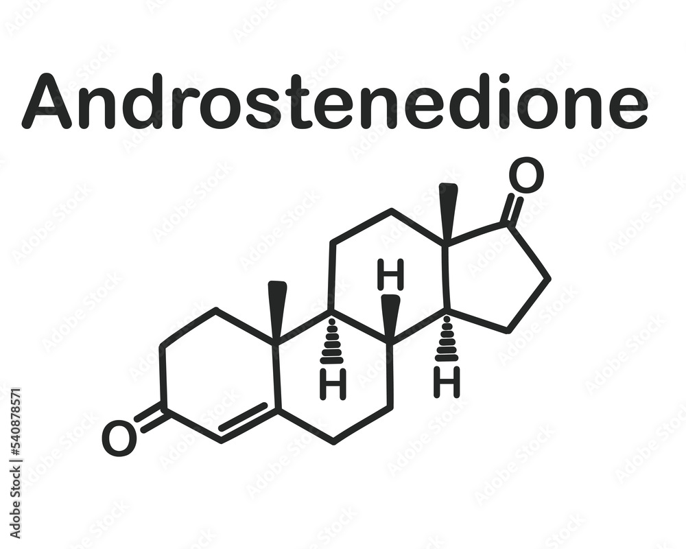 Structural chemical formula of androstenedione isolated on white background.