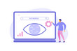 © Nataliia - Lsi keyword research and seo optimization. Web analysis and seo  concept. Tiny man analyzing SERPs with gear, eye, chart. Vector flat illustration for landing page, banner, site