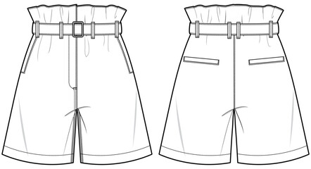 womens belted waist paperbag short flat sketch vector illustration front and back view technical cad drawing template.