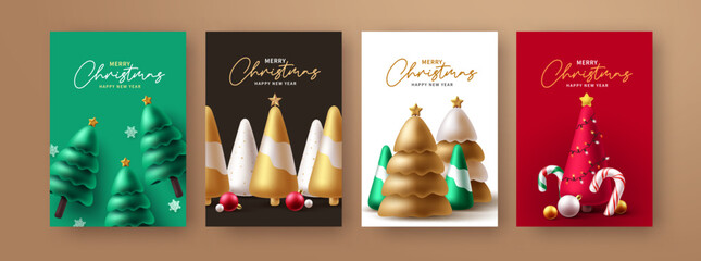 Wall Mural - Merry christmas poster set design. Christmas and new year greeting text in gift card lay out collection for holiday xmas season background. Vector illustration.