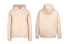Beige Hoodie Template. Hoodie Sweatshirt Long Sleeve With Clipping Path, Hoody For Design Mockup For Print, Isolated On White Background.
