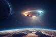 A flying saucer vehicle is seen in space from earth. A UFO, an unidentified flying object, is up in the orbit of planet Earth with sun light. 3D rendering.