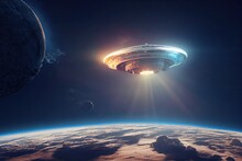 A Flying Saucer Vehicle Is Seen In Space From Earth. A UFO, An Unidentified Flying Object, Is Up In The Orbit Of Planet Earth With Sun Light. 3D Rendering.