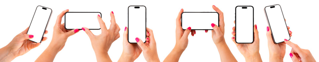 mobile phones mockup. set of different photos of phone in hand.