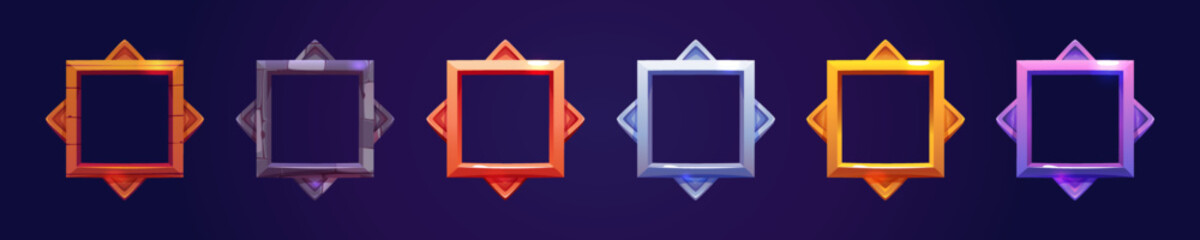 Poster - set of square avatar or rank frames for game ui. textured wooden, stone, metal, golden and silver em