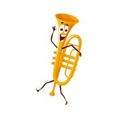 Wall Mural - Cartoon dancing trumpet character. Isolated vector horn, funny trumpet with happy face, wind instrument personage. Brass pipe for music school