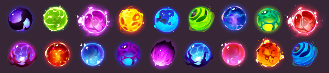 Poster - alien space planets cartoon set. fantastic design elements for game, comets, asteroids, galaxy ui co