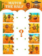 Poster - Wild West. Match the half of cartoon cowboy, bandit and ranger nut characters. Matching quiz vector worksheet, kids game with western cowboy hazelnut, coffee bean, walnut and cashew nut personages
