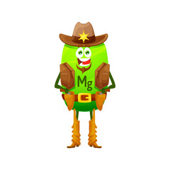 Sticker - Cartoon wild west magnesium sheriff character or ranger micronutrient. Funny vector Mg cowboy with star badge and guns on belt. Armed texas police personage, western hero