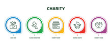 Editable Thin Line Icons With Infographic Template. Infographic For Charity Concept. Included Cash Box, Blood Donation, Charity Shop, Animal Rights, Charity Food Icons.