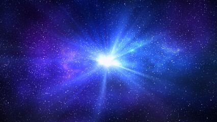 Wall Mural - burst of light in space. night starry sky and bright blue galaxy, horizontal background