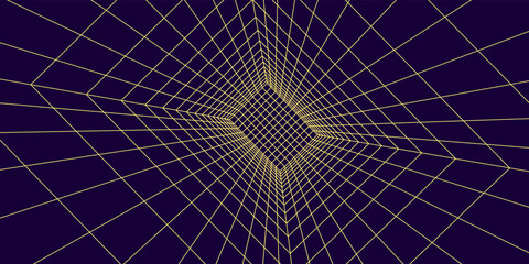 Poster - 3d yellow futuristic wireframe room on purple background. abstract perspective grid. vector illustra