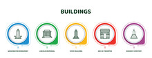 Editable Thin Line Icons With Infographic Template. Infographic For Buildings Concept. Included Washington Monument, Lincoln Memorial, State Building, Arc De Triomphe, Buddist Cemetery Icons.