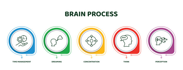 Poster - editable thin line icons with infographic template. infographic for brain process concept. included time management, dreaming, concentration, think, perception icons.