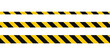 © Elena Pimukova - Warning tape with yellow and black diagonal stripes. Warn stop seamless line. Yellow and black caution tape border. Long danger ribbon.Vector illustration on white background.