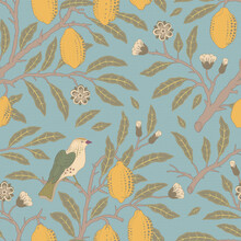 Floral Vector Seamless Pattern. Botanical Wallpaper. Plants, Birds. Vintage Wallpaper With Painted Nature. Lemons, Flowers, A Blooming Garden. Design For Fabric, Textile, Paper.