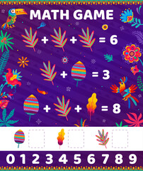 Poster - Math game. Cartoon toucans flowers and plants. Child mathematical playing activity, children math puzzle or kids addition game vector worksheet with colorful jungle plants, toucan and parrot birds
