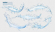 Isolated blue water waves splash and flow with drops, vector realistic water splatter. Transparent water long flow or clean aqua spill pour with splashing fizzy droplets of crystal sparkling drink