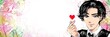 黒髪イケメン男性アイドル指で韓国アイドル風のハートで愛してるのサインを送るカラー漫画イラスト