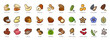 Nuts outline color icons, walnut, almond and cashew seeds, vector peanut and hazelnut. Nuts linear icons of pistachio, macadamia and pecan, food snack coconut, brazil nut and beans or sesame seeds