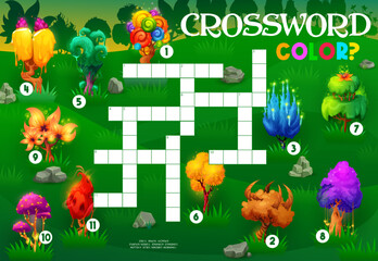Aufkleber - Crossword quiz game grid, find a color of magic tree vector worksheet. Find word puzzle, riddle or maze quiz of cartoon fairy tale forest with yellow, orange, red and pink trees, green, rainbow plants