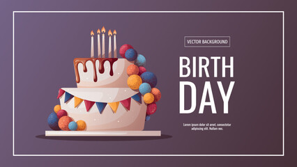 Wall Mural - Birthday promo sale banner with cake and candles. Birthday party, celebration, holiday, event, festive, bakery, tasty food concept. Vector illustration. Banner, flyer, advertising.