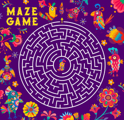 Aufkleber - Round labyrinth maze. Help to brazilian parrot find his friends. Children find way quiz, child search path riddle or puzzle vector worksheet with funny parrots birds, colorful flowers ethnic ornaments