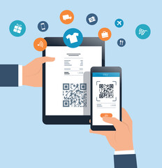 Poster - business flat vector design online payment by mobile scan QR code concept. hand hold smartphone to scan for online pay.
