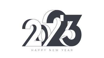 Wall Mural - Happy New Year 2023 black numbers typography greeting card design on white background. Christmas card with holiday typography. Vector
