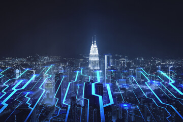 Poster - Creative night circuit city background with mock up place in sky. Smart city, ai and digital transformation concept. Double exposure.