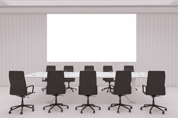 Wall Mural - Contemporary concrete office meeting room interior with blank white mock up poster on wall, furniture, daylight, and equipment. Workplace and corporate concept. 3D Rendering.