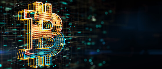 Poster - New virtual money and cryptocurrency concept with digital bitcoin symbol with polygonal cells inside on abstract dark background with place for advertising poster. 3D rendering, mockup