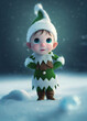 Cute baby elf wearing green clothes and a green hat, winter character, anime, kawaii, made with artificial intelligence