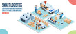 © Sarawut - 3D isometric Smart logistics concept with Warehouse Logistic, Workers loading products, transportation truck use wireless technoloty. Eps10 vector illustration