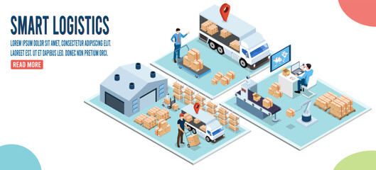 Wall Mural - 3D isometric Smart logistics concept with Warehouse Logistic, Workers loading products, transportation truck use wireless technoloty. Eps10 vector illustration