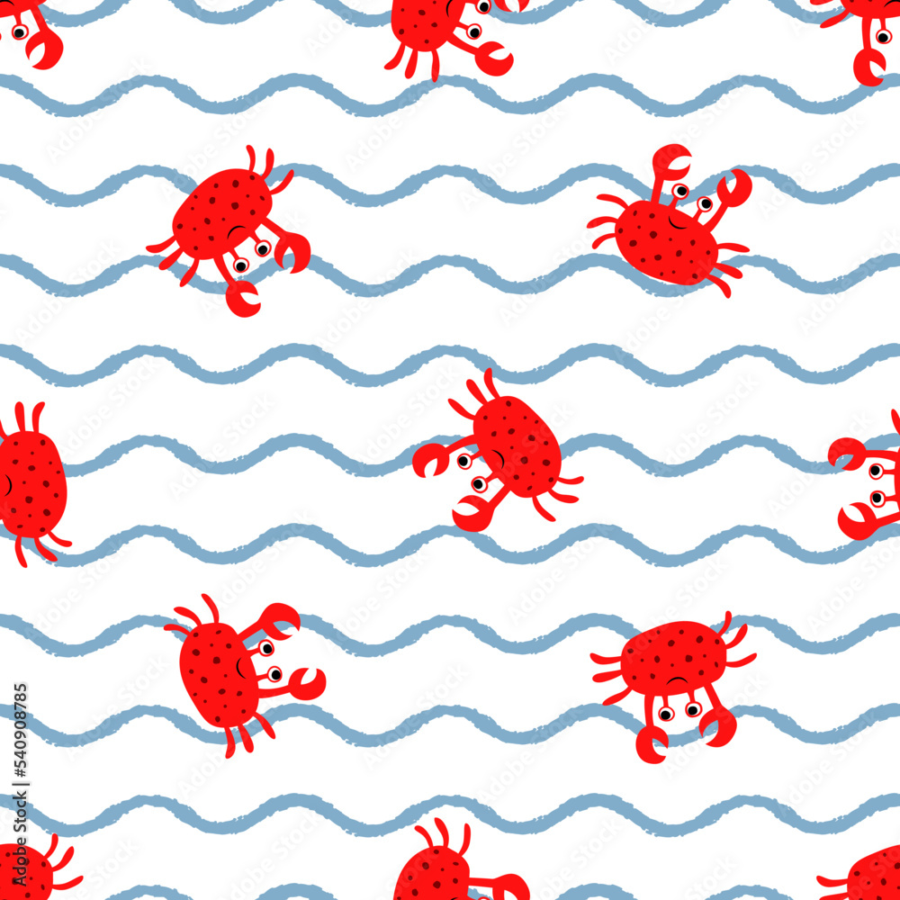 Vector seamless childish pattern with red crabs on a white background ...