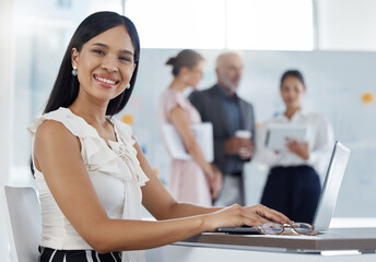 Poster - Laptop, smile and portrait of business woman and working on management, email and data planning. Internet, innovation and technology with employee at desk in office for digital, website and research