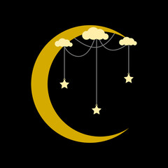 Wall Mural - Cloud with yellow stars line spider cobweb hanging on crescent moon mystic magic on black background concept sweet dream and good night flat vector design.