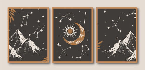 Wall Mural - Abstract boho mountain poster collection. Set of contemporary art print templates. Nature backgrounds for your social media. Sun and moon, constellations, mountains