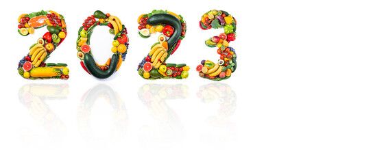 Wall Mural - New year resolutions 2023 from healthy food. 2023 made of vegetables, fruits and fish on white background. New year 2023 food trends. 2023 resolutions, trends, healthy eating, sustainable, goals