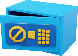 Poster - Modern safe with code lock. Blue open storage. PNG icon on transparent background. 3D rendering.