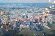 Aerial panoramic helicopter city view of New Jersey City financial Downtown skyscrapers. Social media hologram. Concept of networking and establishing new people connections
