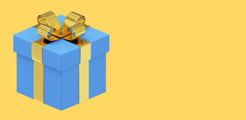 Poster - Realistic blue gift box with gold ribbon. 3D rendering. Icon on yellow background, text space.