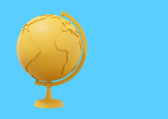 Poster - Globe Earth on a stand. Minimalist cartoon. Yellow icon on blue background with space for text. 3D rendering.