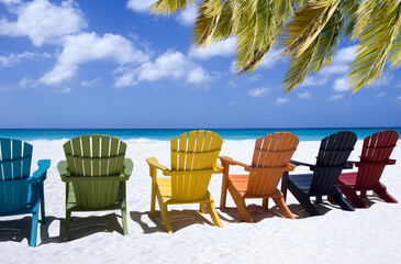 Wall Mural - Colored beach chairs on white sand 