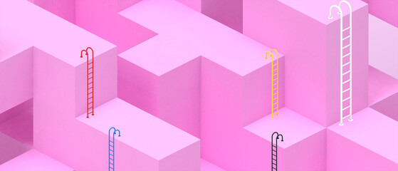 Wall Mural - Creative idea. Geometric concepts with ladders of success and different choices. Business Leadership Ideas and Business Advancement on Pink. banner, software, copy space, digital, website-3d Rendering