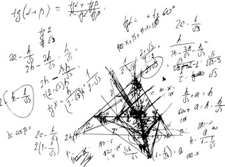 Set of mathematical formulas and solutions to problems and equations. Homework of a student. Vector image of algebra and geometry tasks.